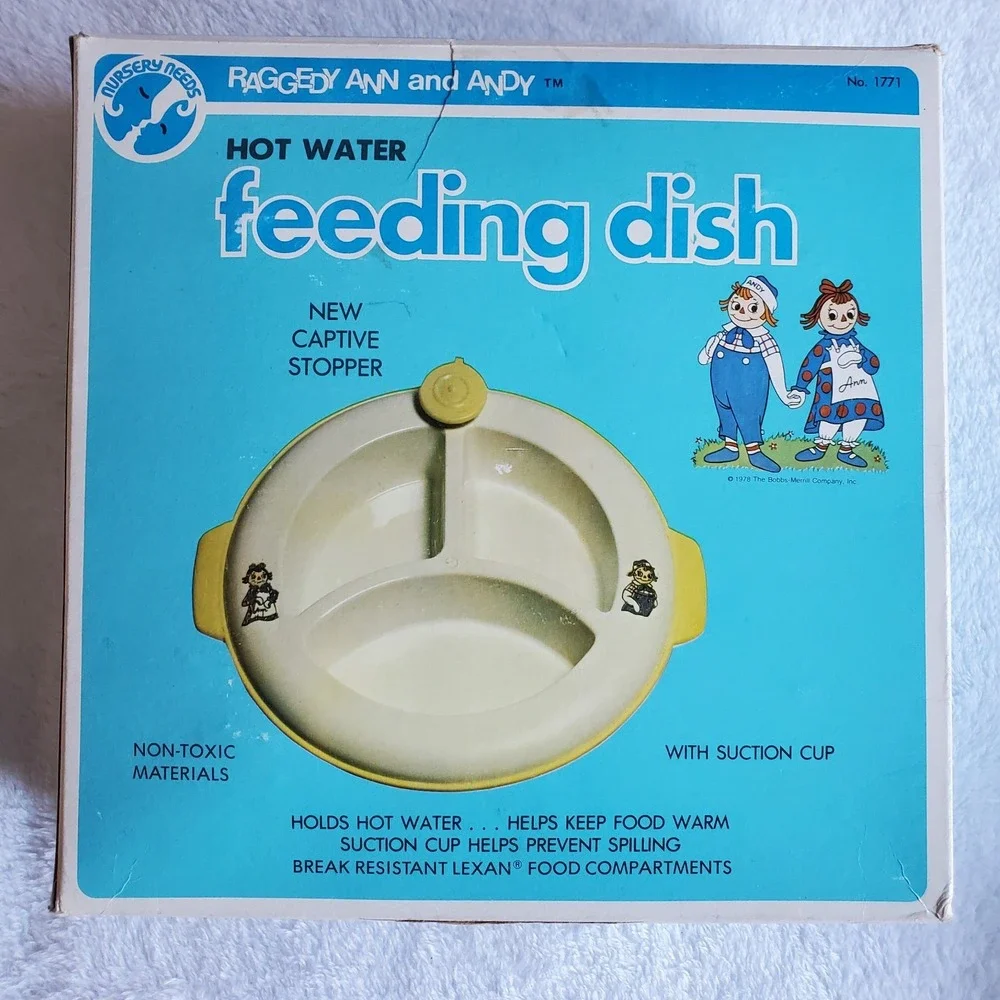 Vintage Raggedy Ann & Andy Nursery Needs Hot Water Feeding Dish W/ Box 1978